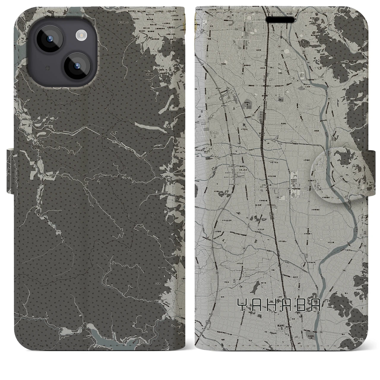 【矢巾(岩手県)】地図柄iPhoneケース(手帳タイプ)モノトーン・iPhone 14 Plus 用