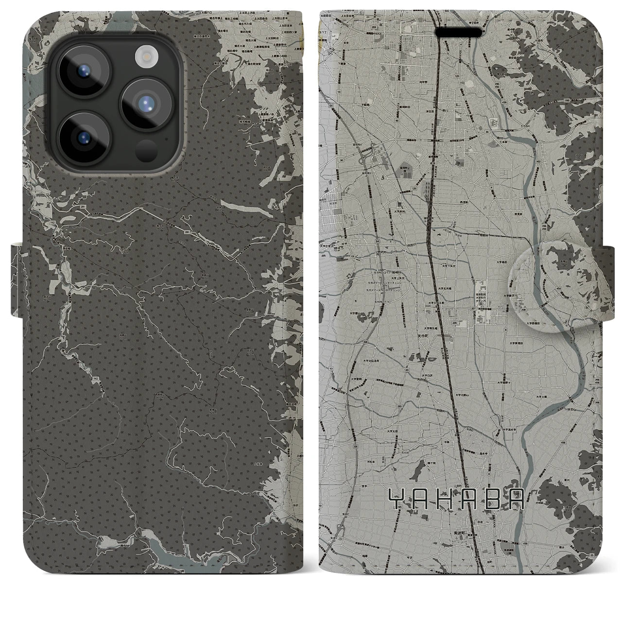 【矢巾(岩手県)】地図柄iPhoneケース(手帳タイプ)モノトーン・iPhone 15 Pro Max 用