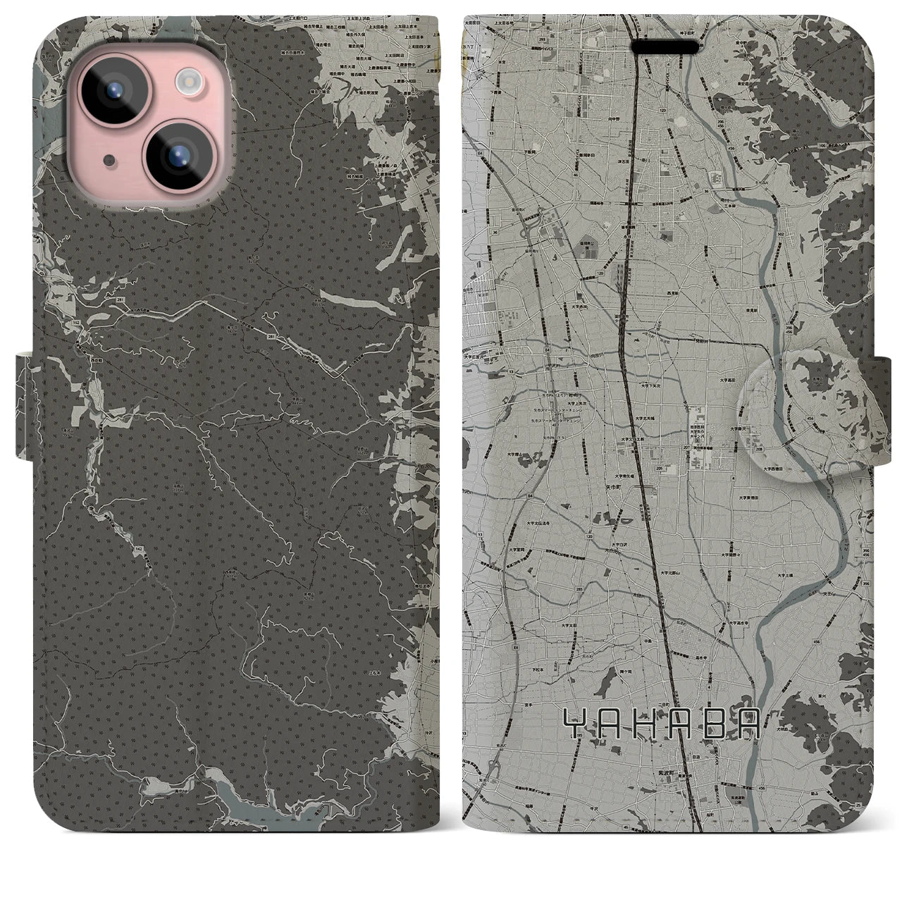 【矢巾(岩手県)】地図柄iPhoneケース(手帳タイプ)モノトーン・iPhone 15 Plus 用