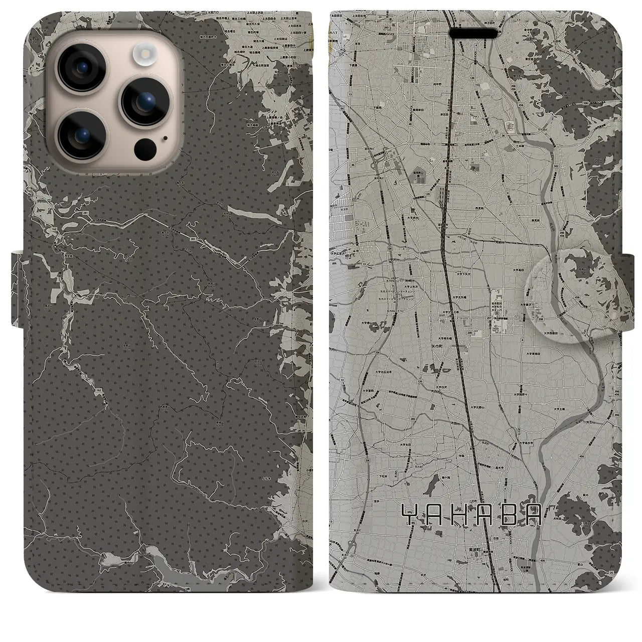 【矢巾(岩手県)】地図柄iPhoneケース(手帳タイプ)モノトーン・iPhone 16 Plus 用