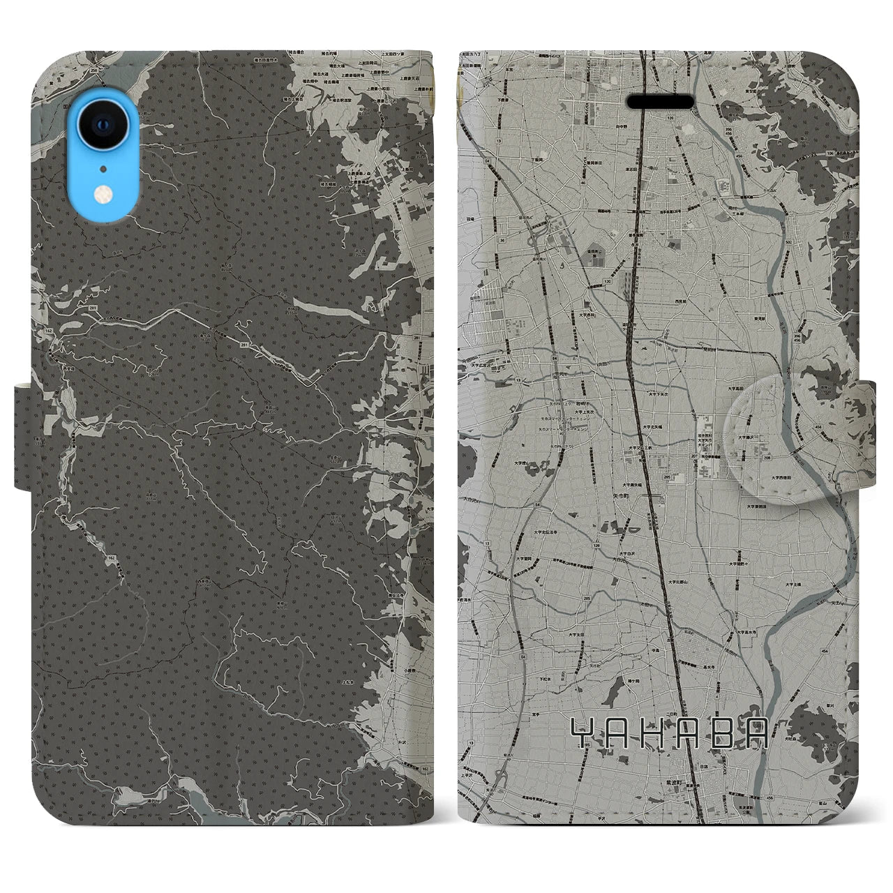 【矢巾(岩手県)】地図柄iPhoneケース(手帳タイプ)モノトーン・iPhone XR 用