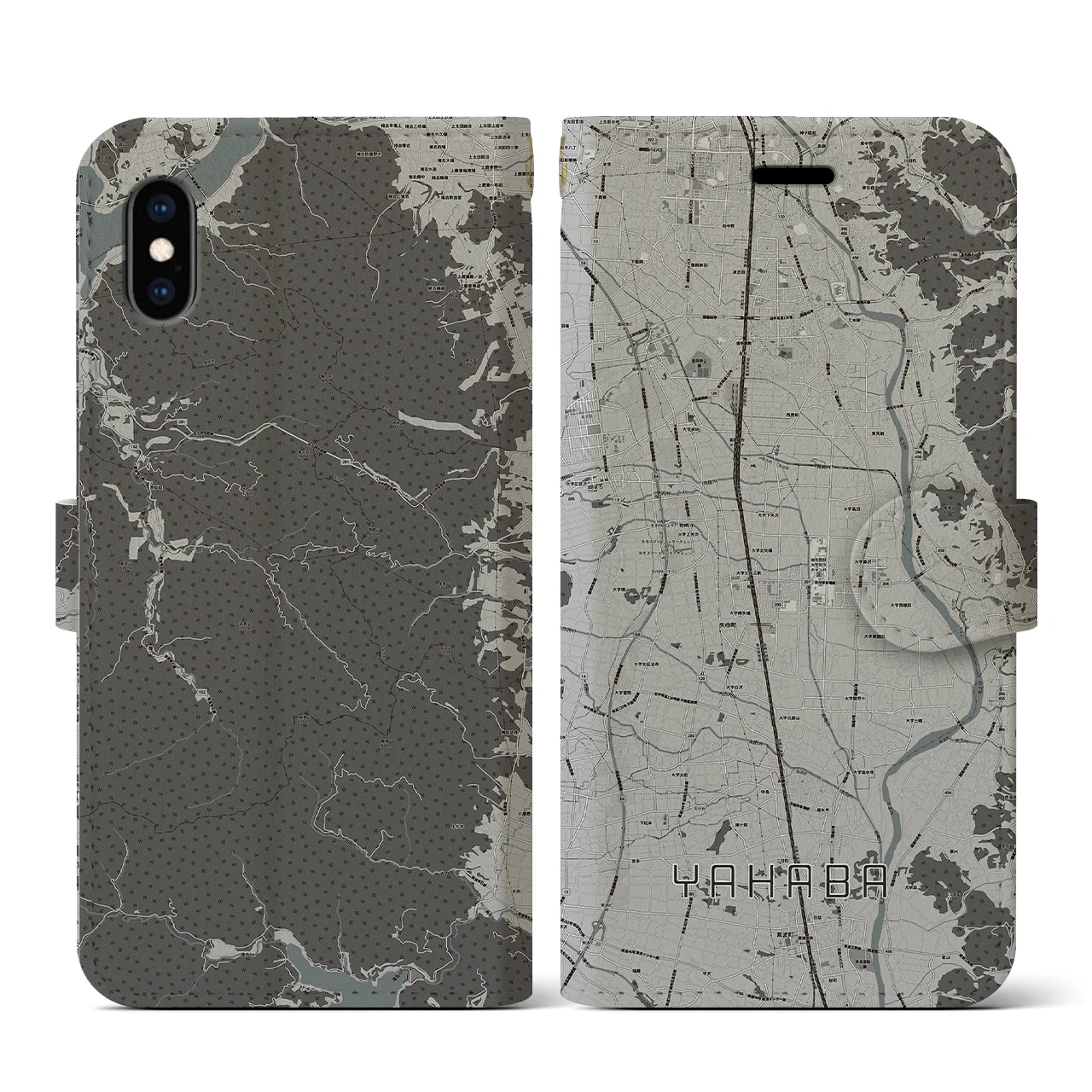 【矢巾(岩手県)】地図柄iPhoneケース(手帳タイプ)モノトーン・iPhone XS / X 用