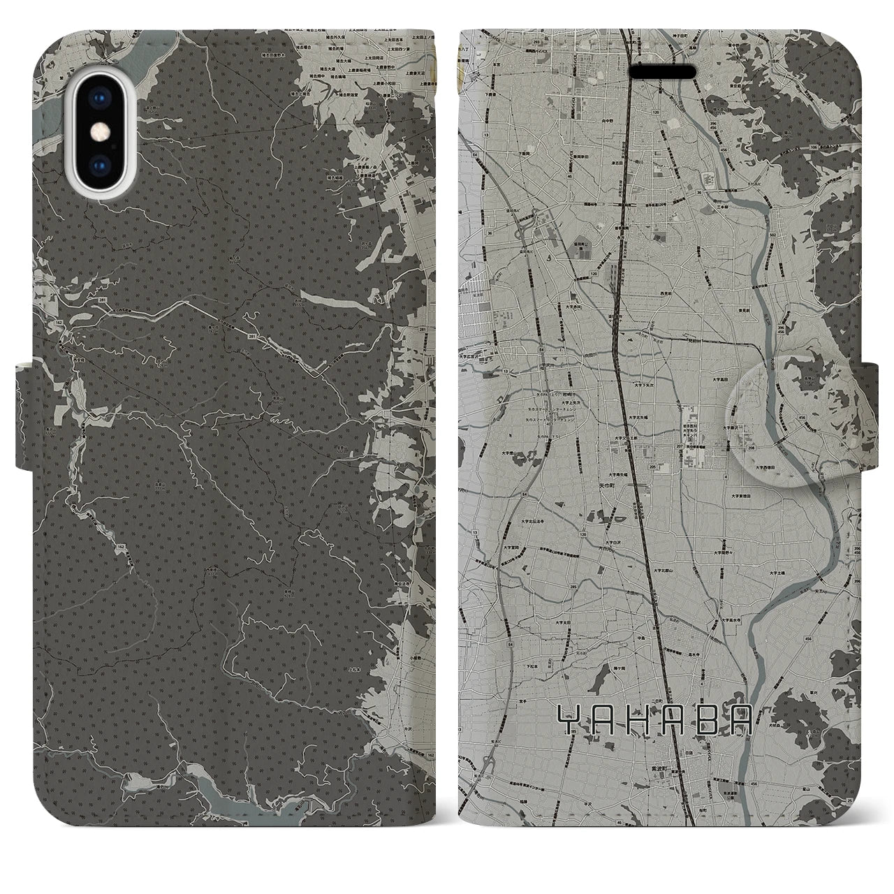 【矢巾(岩手県)】地図柄iPhoneケース(手帳タイプ)モノトーン・iPhone XS Max 用