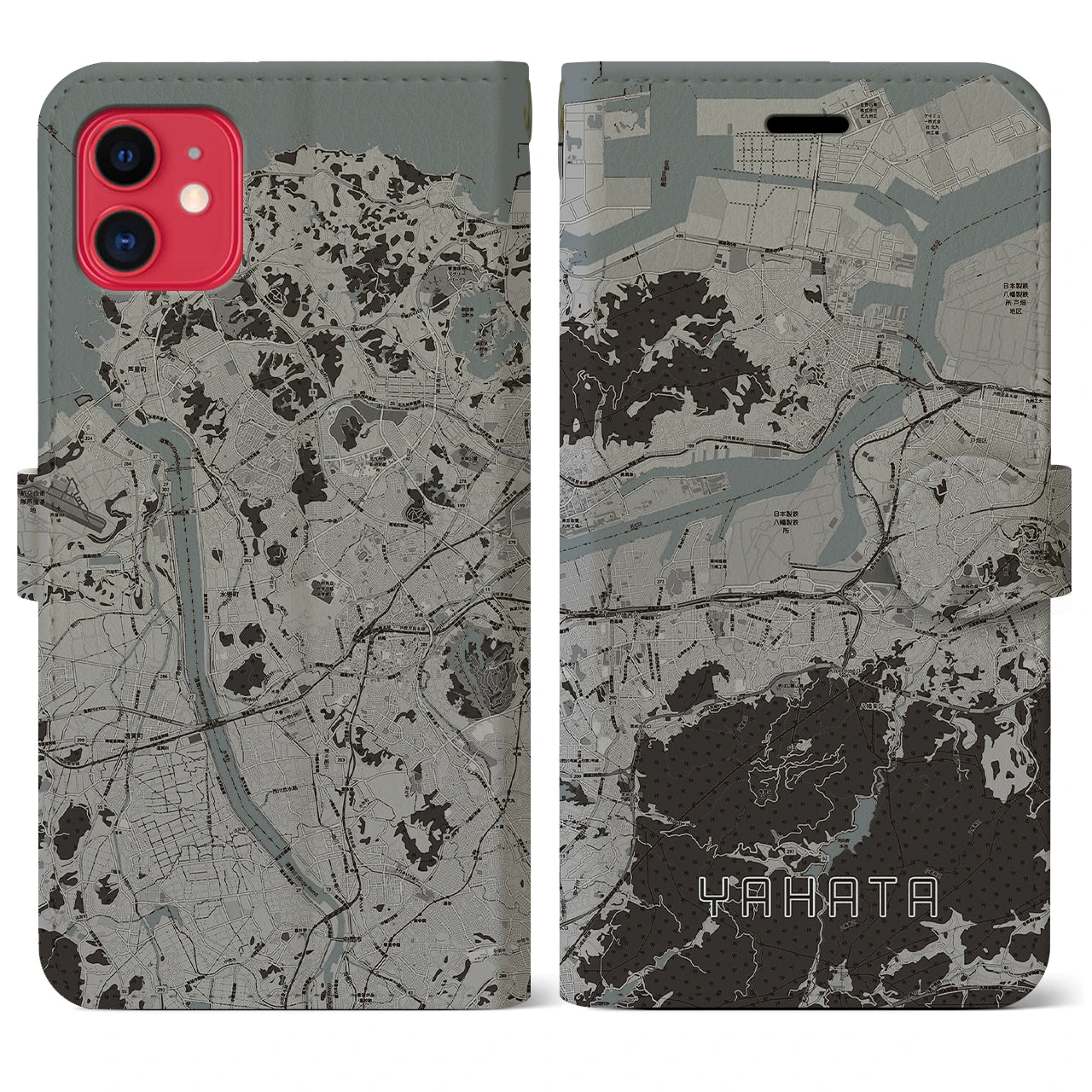 【八幡(福岡県)】地図柄iPhoneケース(手帳タイプ)モノトーン・iPhone 11 用