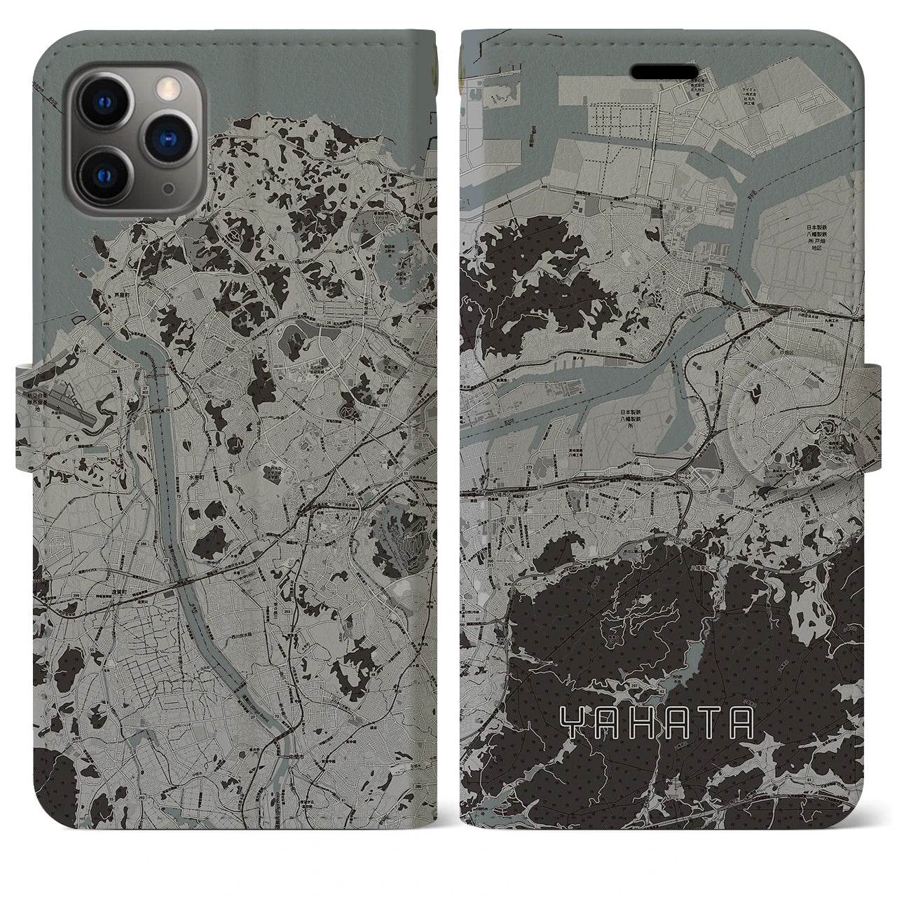 【八幡(福岡県)】地図柄iPhoneケース(手帳タイプ)モノトーン・iPhone 11 Pro Max 用