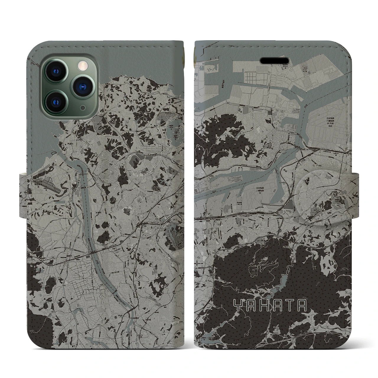 【八幡(福岡県)】地図柄iPhoneケース(手帳タイプ)モノトーン・iPhone 11 Pro 用