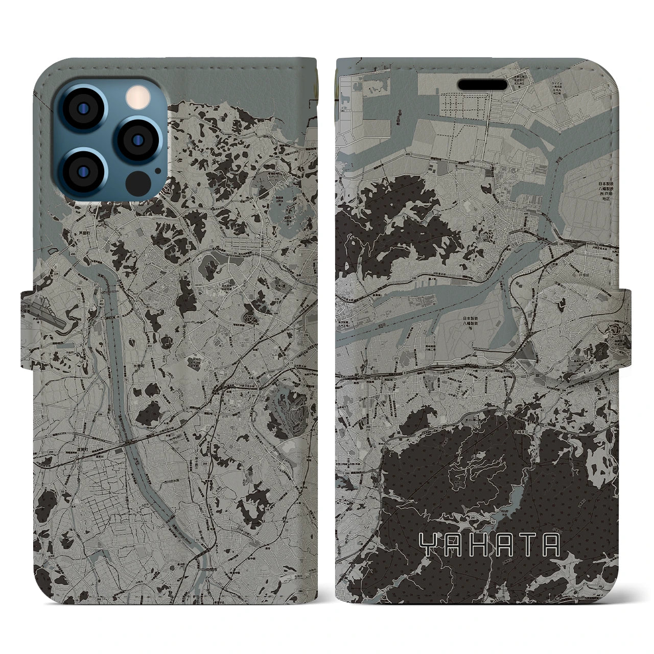 【八幡(福岡県)】地図柄iPhoneケース(手帳タイプ)モノトーン・iPhone 12 / 12 Pro 用