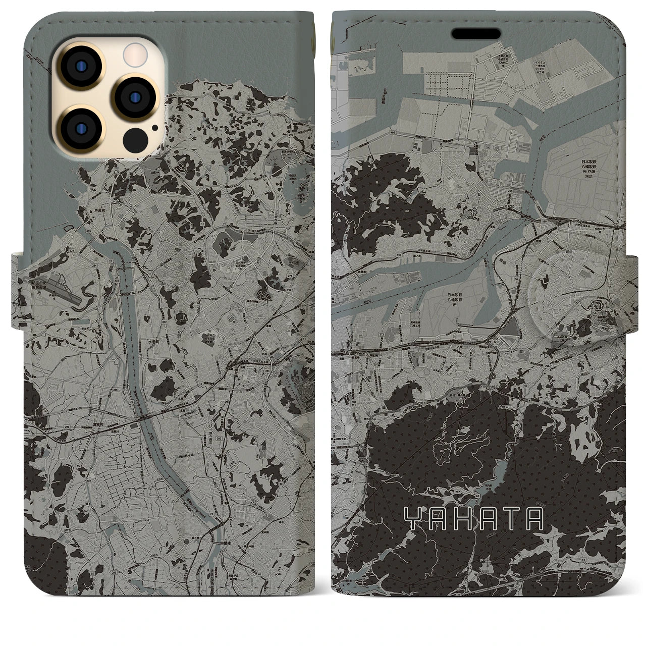 【八幡(福岡県)】地図柄iPhoneケース(手帳タイプ)モノトーン・iPhone 12 Pro Max 用