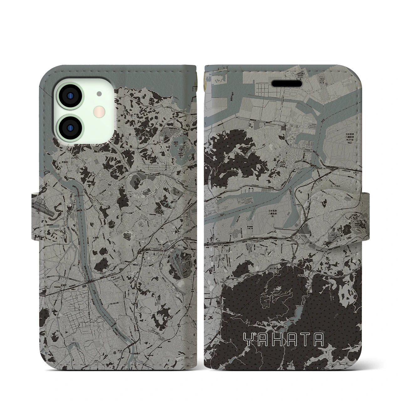 【八幡(福岡県)】地図柄iPhoneケース(手帳タイプ)モノトーン・iPhone 12 mini 用