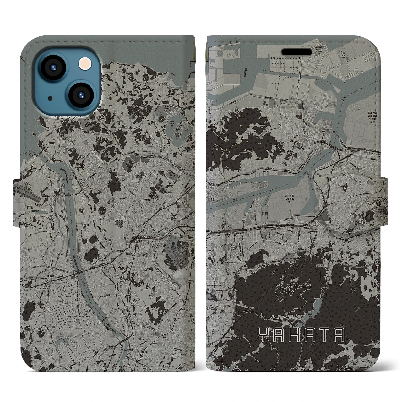 【八幡(福岡県)】地図柄iPhoneケース(手帳タイプ)モノトーン・iPhone 13 用