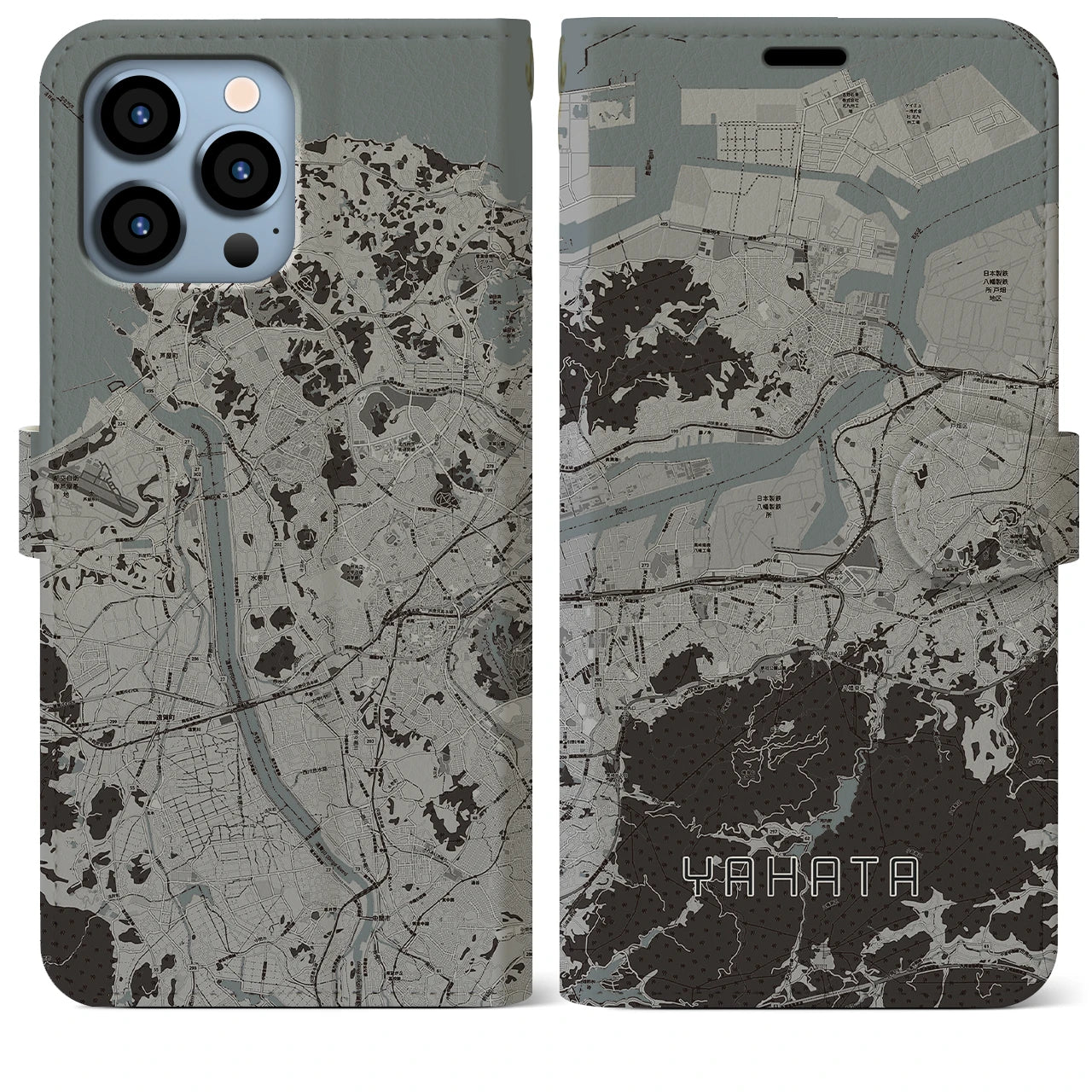 【八幡(福岡県)】地図柄iPhoneケース(手帳タイプ)モノトーン・iPhone 13 Pro Max 用