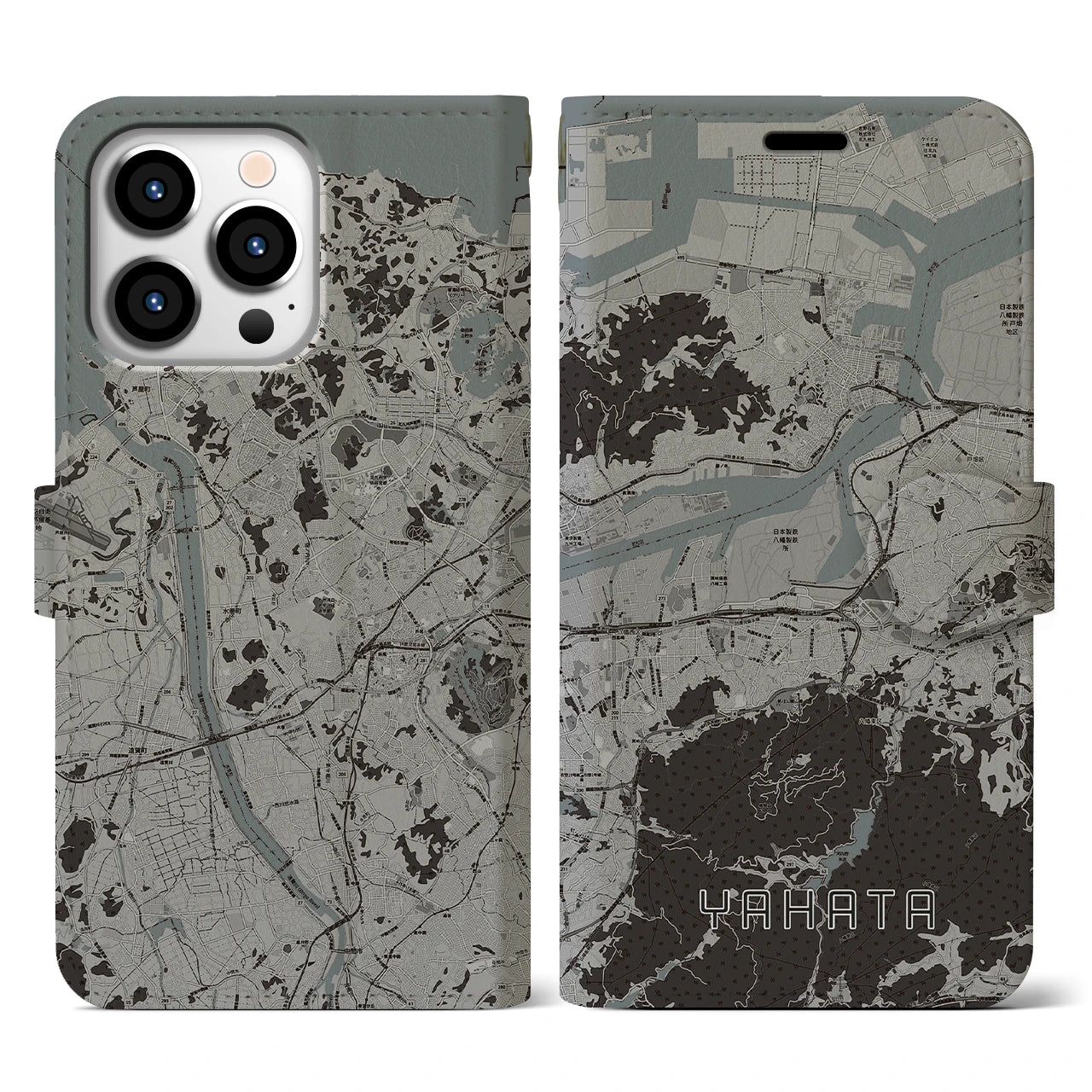 【八幡(福岡県)】地図柄iPhoneケース(手帳タイプ)モノトーン・iPhone 13 Pro 用