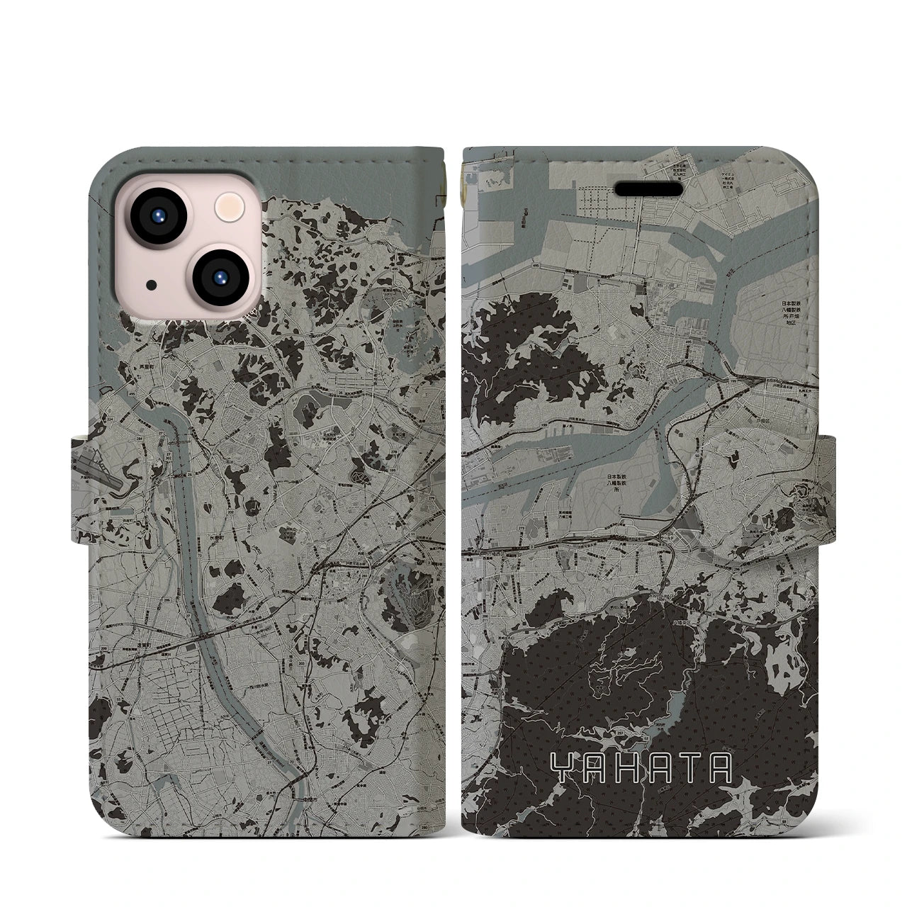 【八幡(福岡県)】地図柄iPhoneケース(手帳タイプ)モノトーン・iPhone 13 mini 用