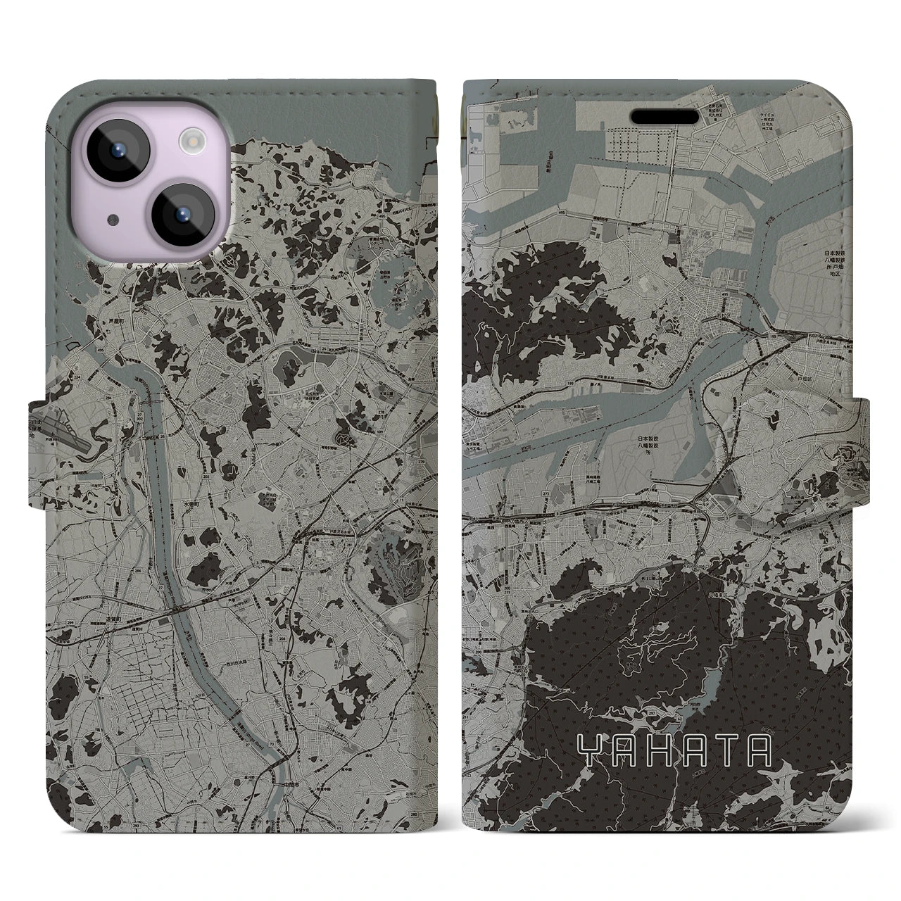 【八幡(福岡県)】地図柄iPhoneケース(手帳タイプ)モノトーン・iPhone 14 用