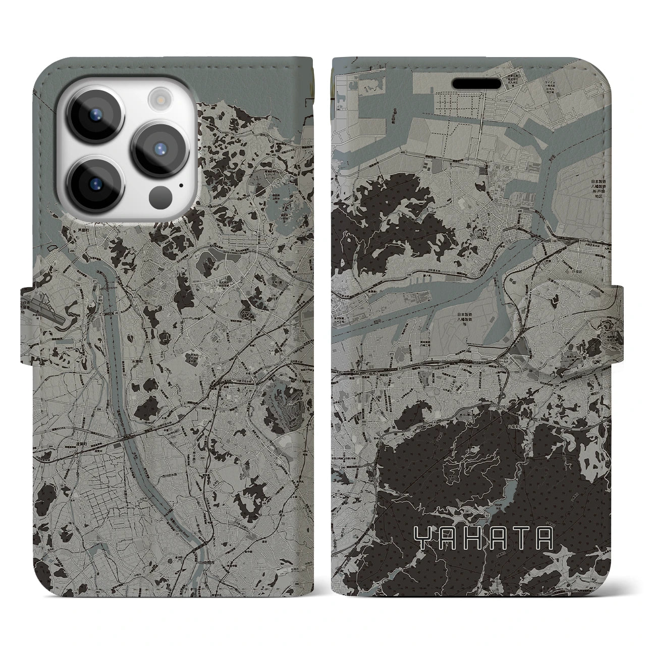 【八幡(福岡県)】地図柄iPhoneケース(手帳タイプ)モノトーン・iPhone 14 Pro 用