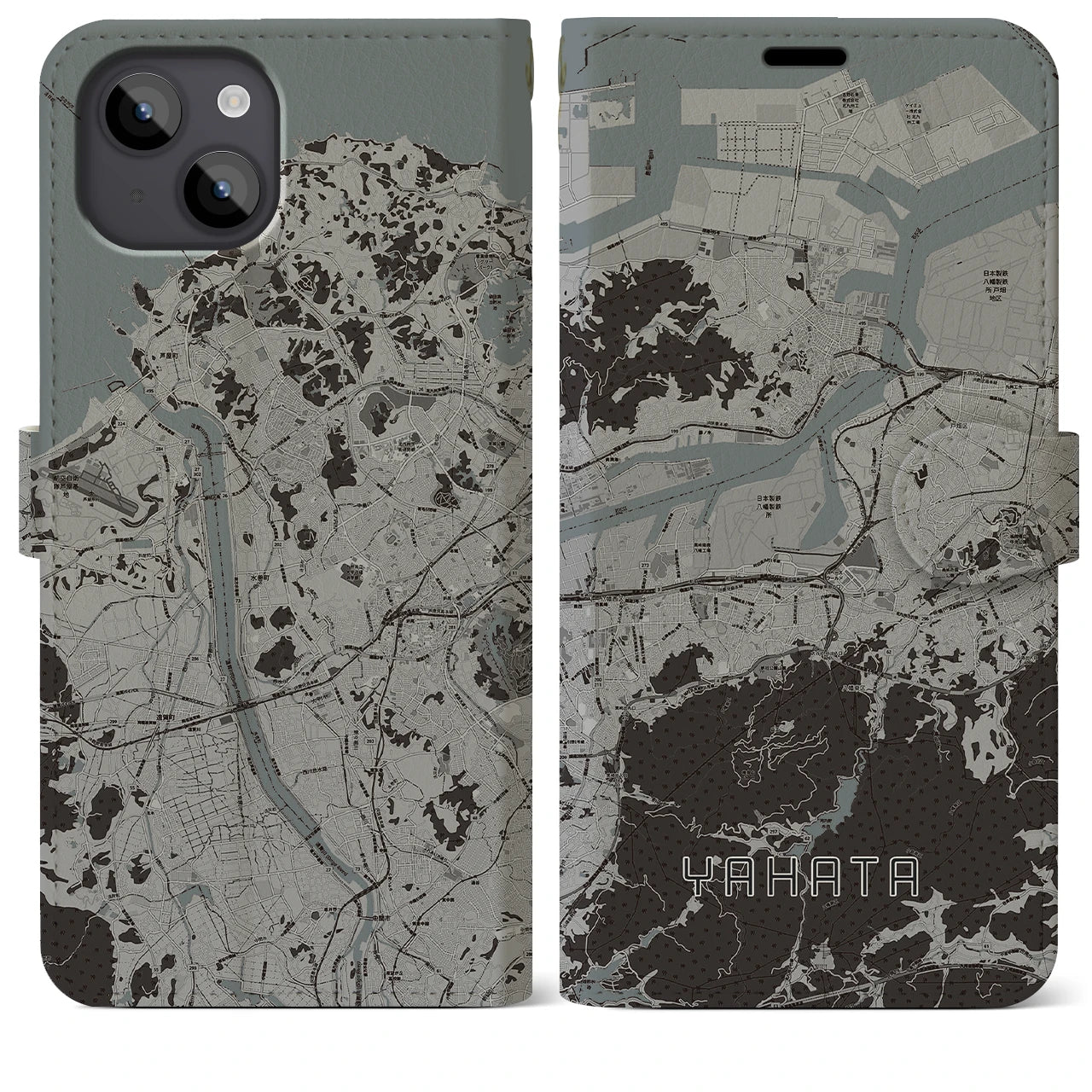 【八幡(福岡県)】地図柄iPhoneケース(手帳タイプ)モノトーン・iPhone 14 Plus 用