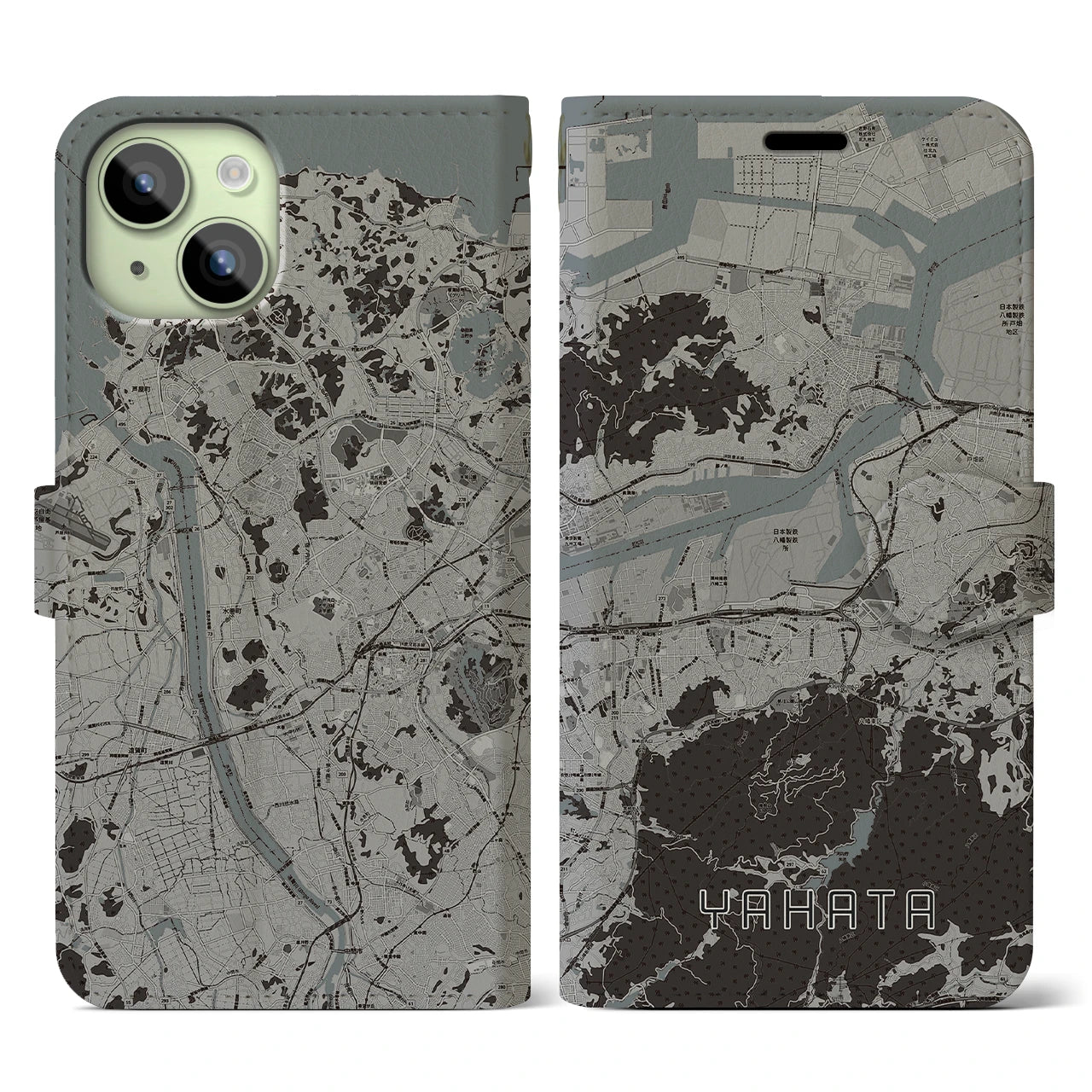 【八幡(福岡県)】地図柄iPhoneケース(手帳タイプ)モノトーン・iPhone 15 用