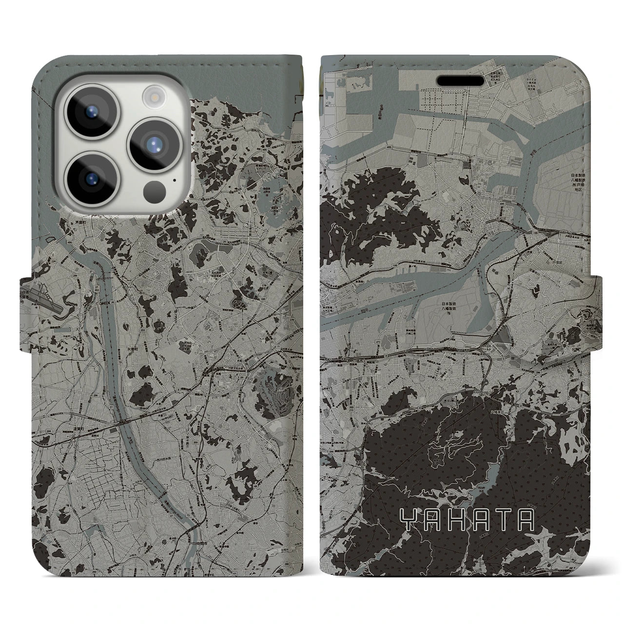 【八幡(福岡県)】地図柄iPhoneケース(手帳タイプ)モノトーン・iPhone 15 Pro 用