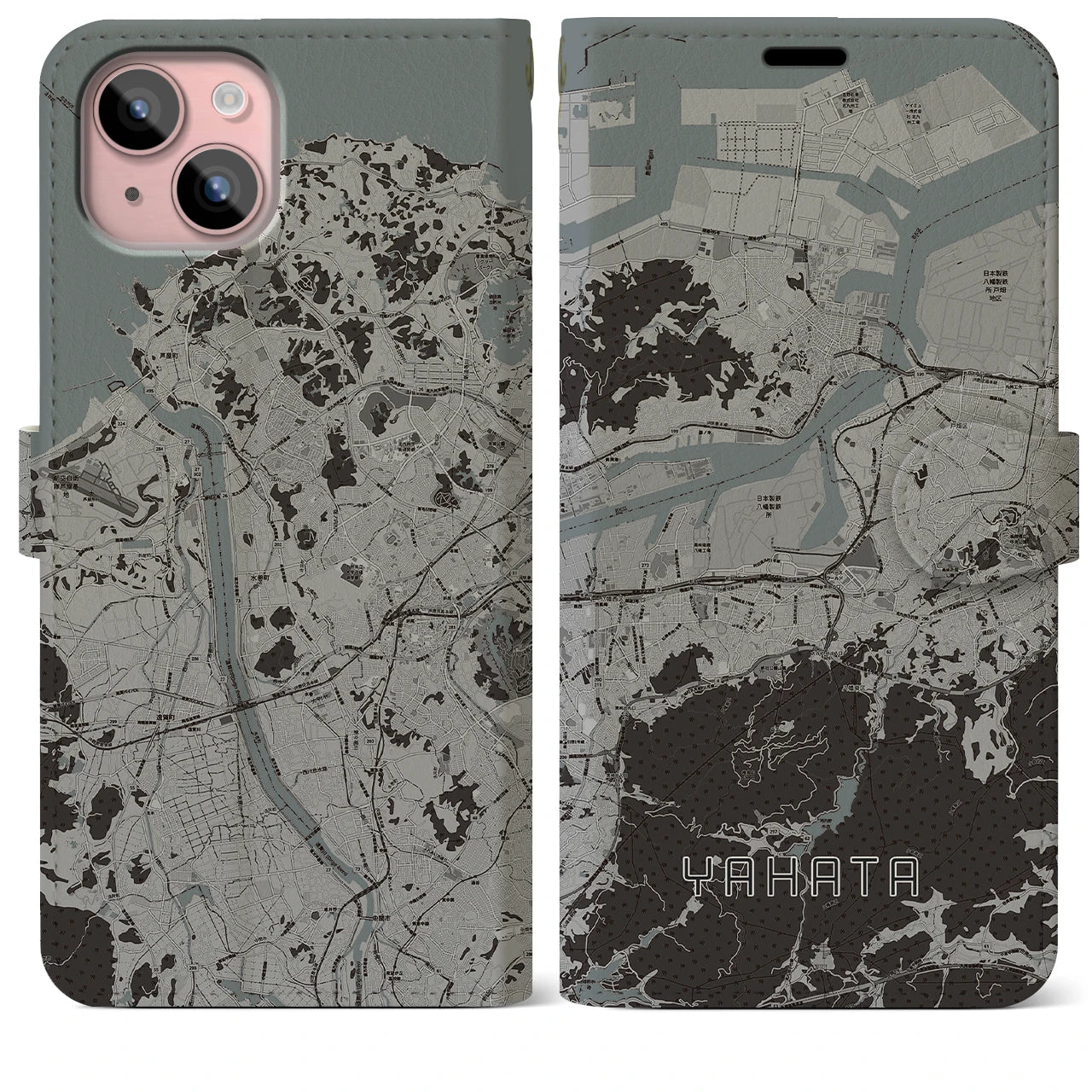 【八幡(福岡県)】地図柄iPhoneケース(手帳タイプ)モノトーン・iPhone 15 Plus 用