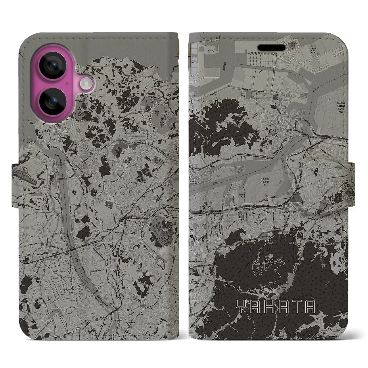 【八幡(福岡県)】地図柄iPhoneケース(手帳タイプ)モノトーン・iPhone 16 Pro 用