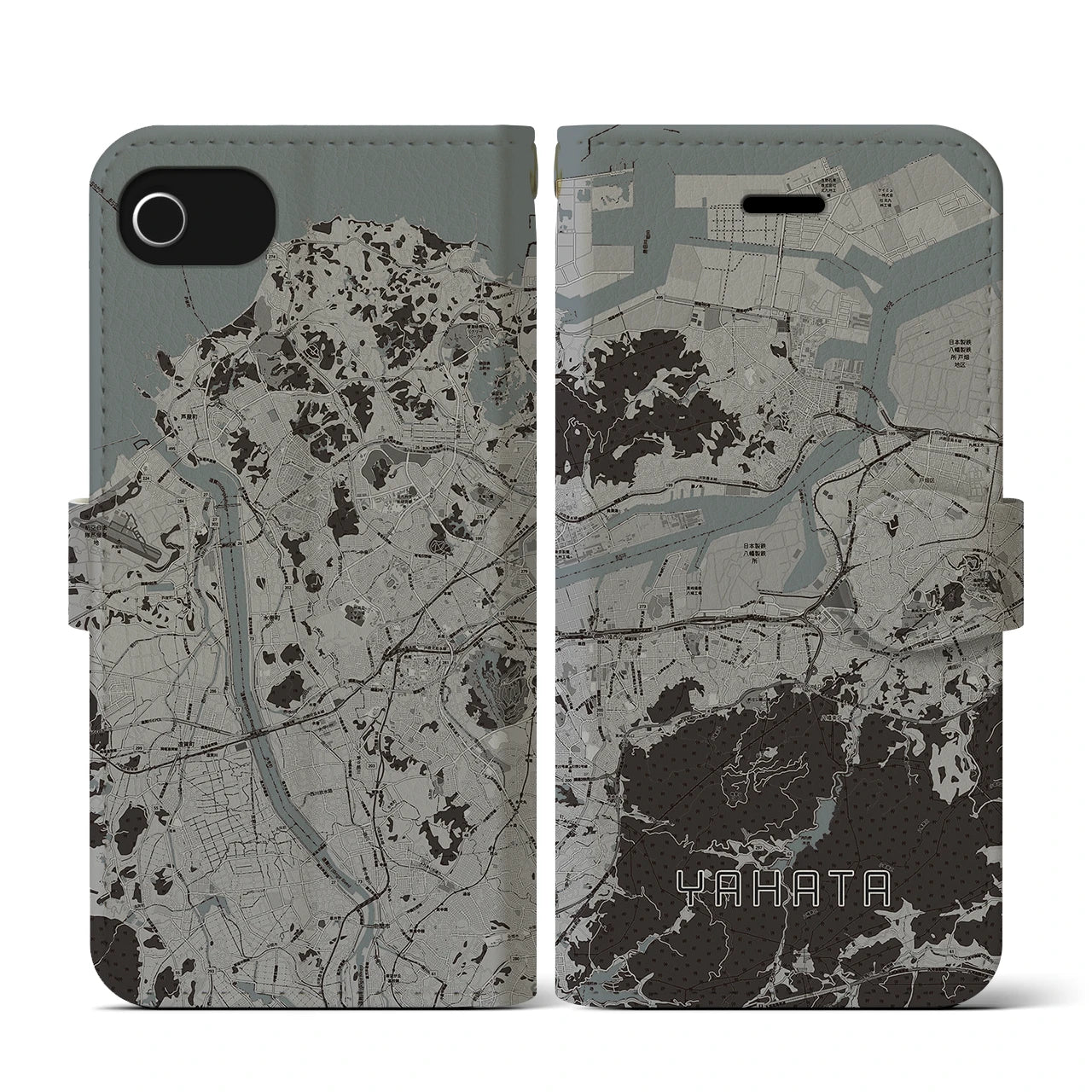 【八幡(福岡県)】地図柄iPhoneケース(手帳タイプ)モノトーン・iPhone SE(第3 / 第2世代) / 8 / 7 / 6s / 6 用