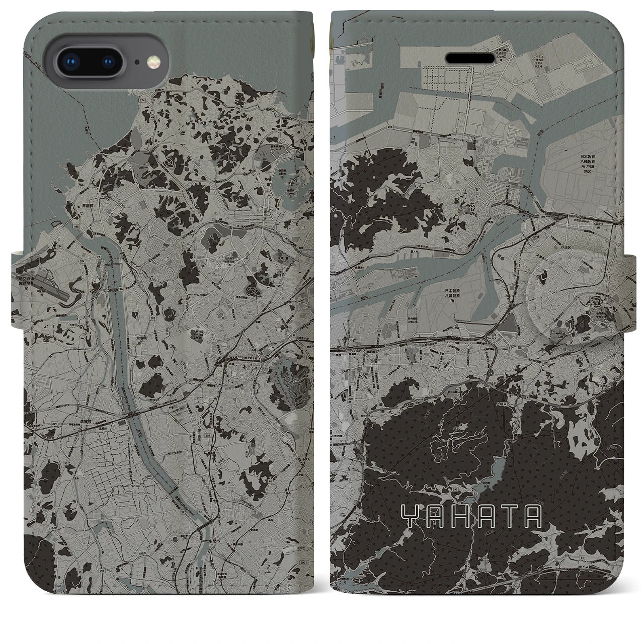 【八幡(福岡県)】地図柄iPhoneケース(手帳タイプ)モノトーン・iPhone 8Plus /7Plus / 6sPlus / 6Plus 用