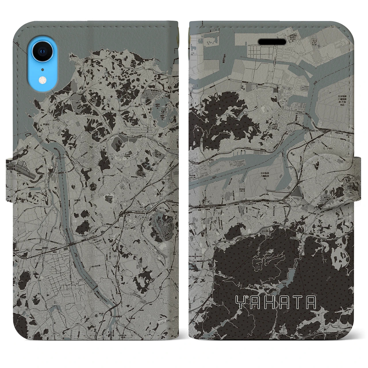 【八幡(福岡県)】地図柄iPhoneケース(手帳タイプ)モノトーン・iPhone XR 用