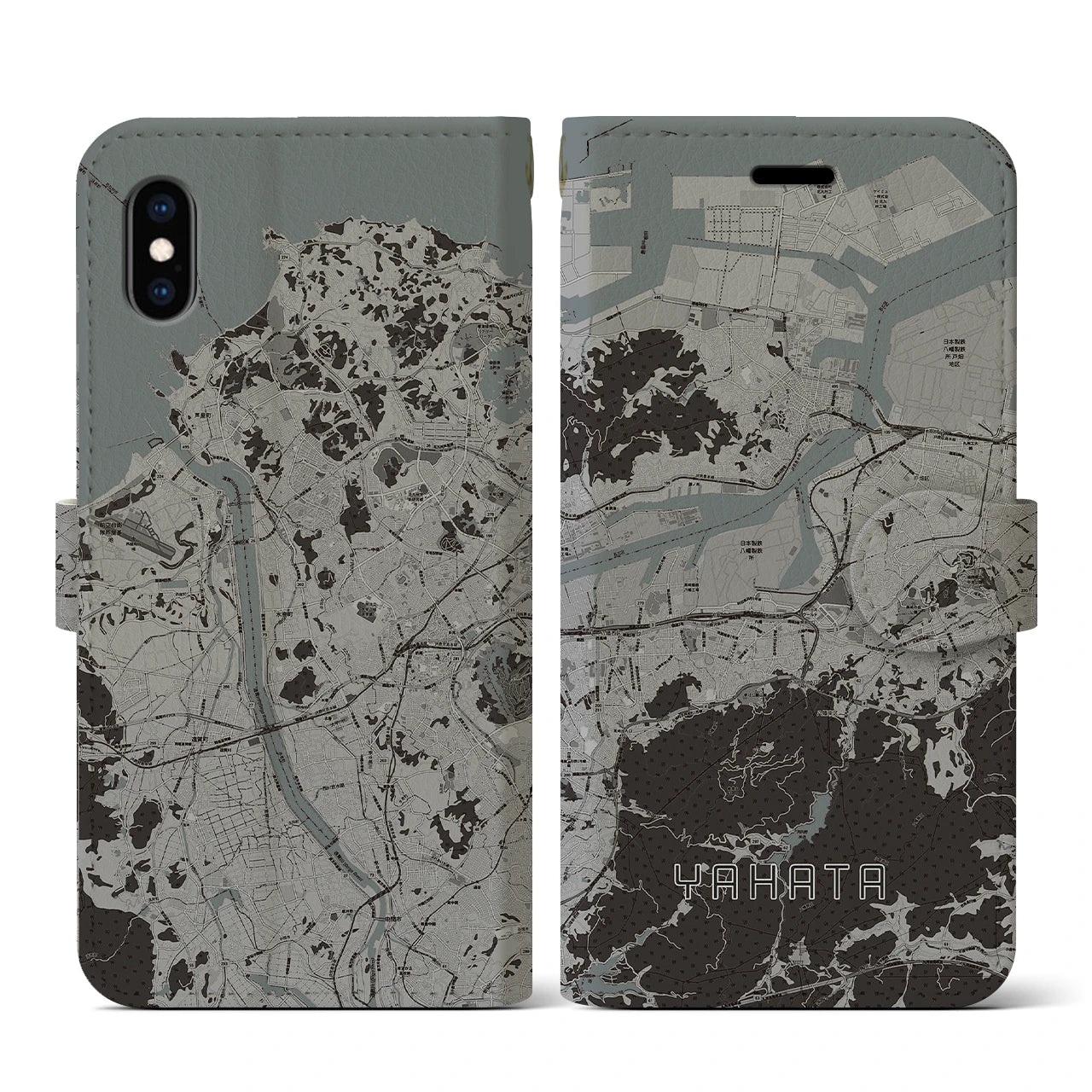 【八幡(福岡県)】地図柄iPhoneケース(手帳タイプ)モノトーン・iPhone XS / X 用