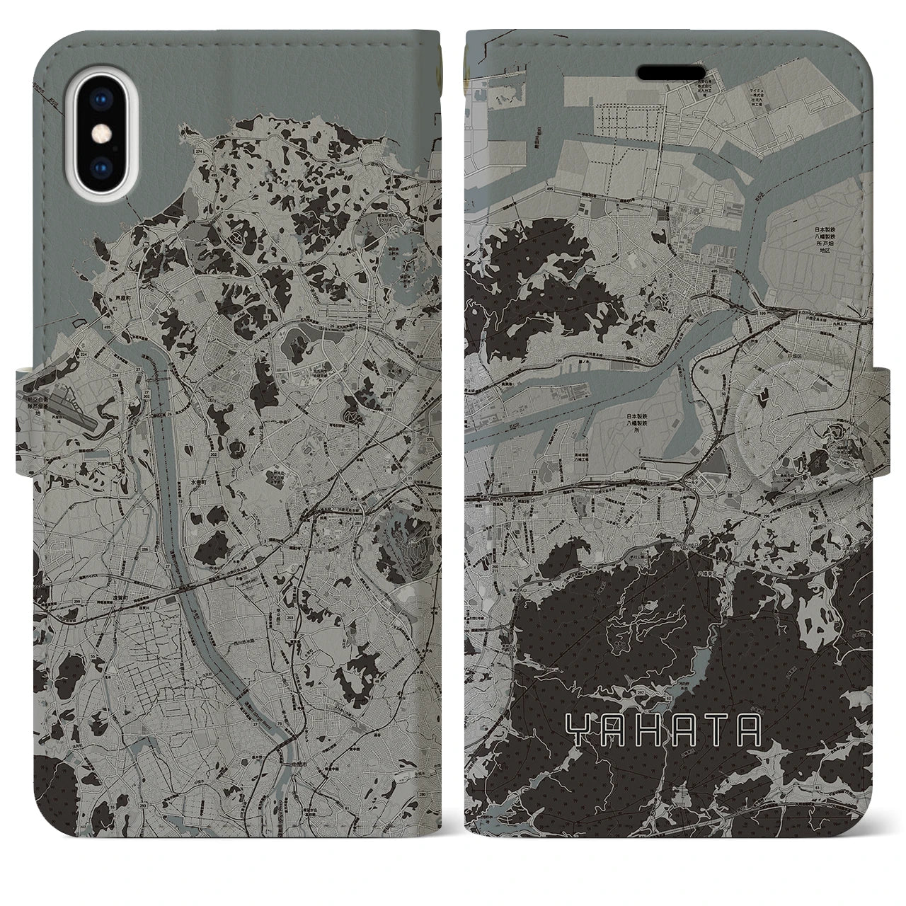 【八幡(福岡県)】地図柄iPhoneケース(手帳タイプ)モノトーン・iPhone XS Max 用