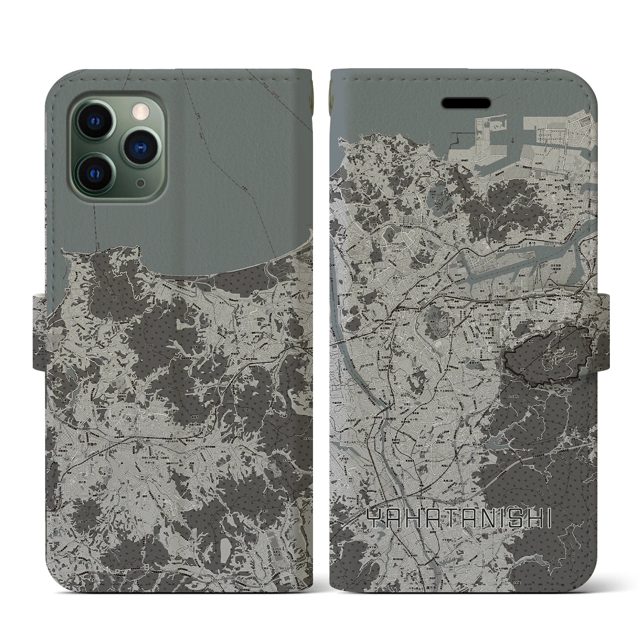 【八幡西(福岡県)】地図柄iPhoneケース(手帳タイプ)モノトーン・iPhone 11 Pro 用