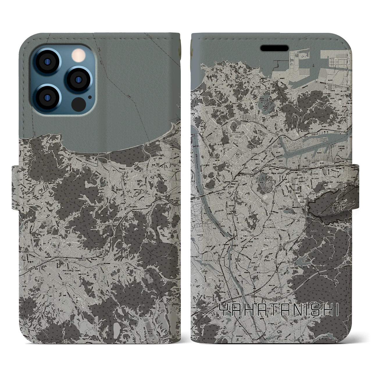 【八幡西(福岡県)】地図柄iPhoneケース(手帳タイプ)モノトーン・iPhone 12 / 12 Pro 用