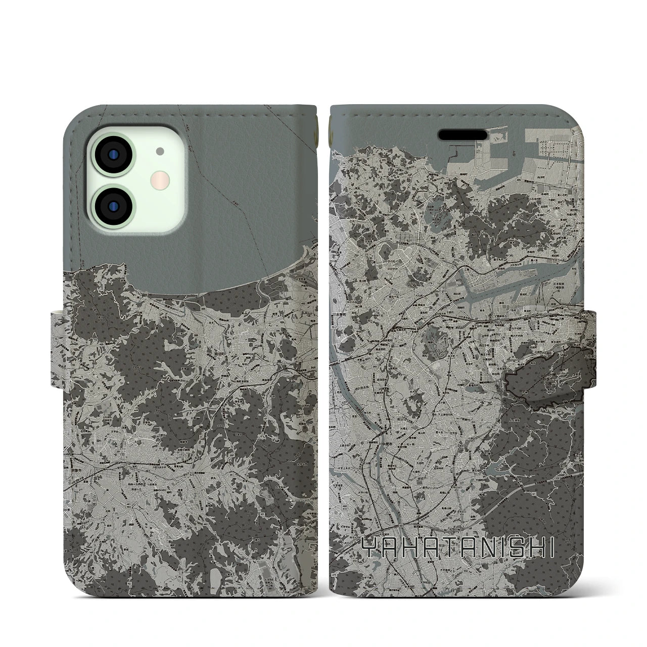 【八幡西(福岡県)】地図柄iPhoneケース(手帳タイプ)モノトーン・iPhone 12 mini 用