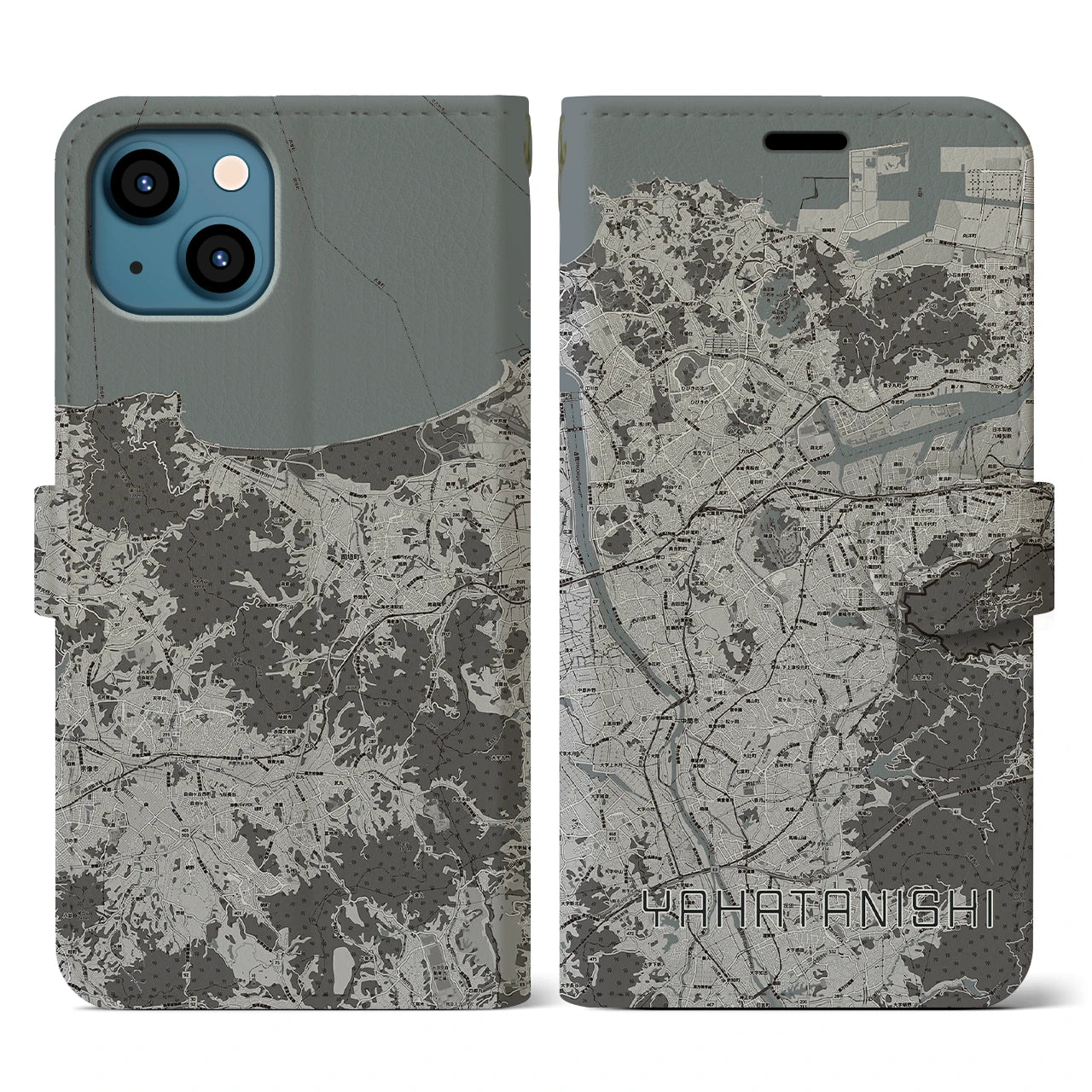 【八幡西(福岡県)】地図柄iPhoneケース(手帳タイプ)モノトーン・iPhone 13 用