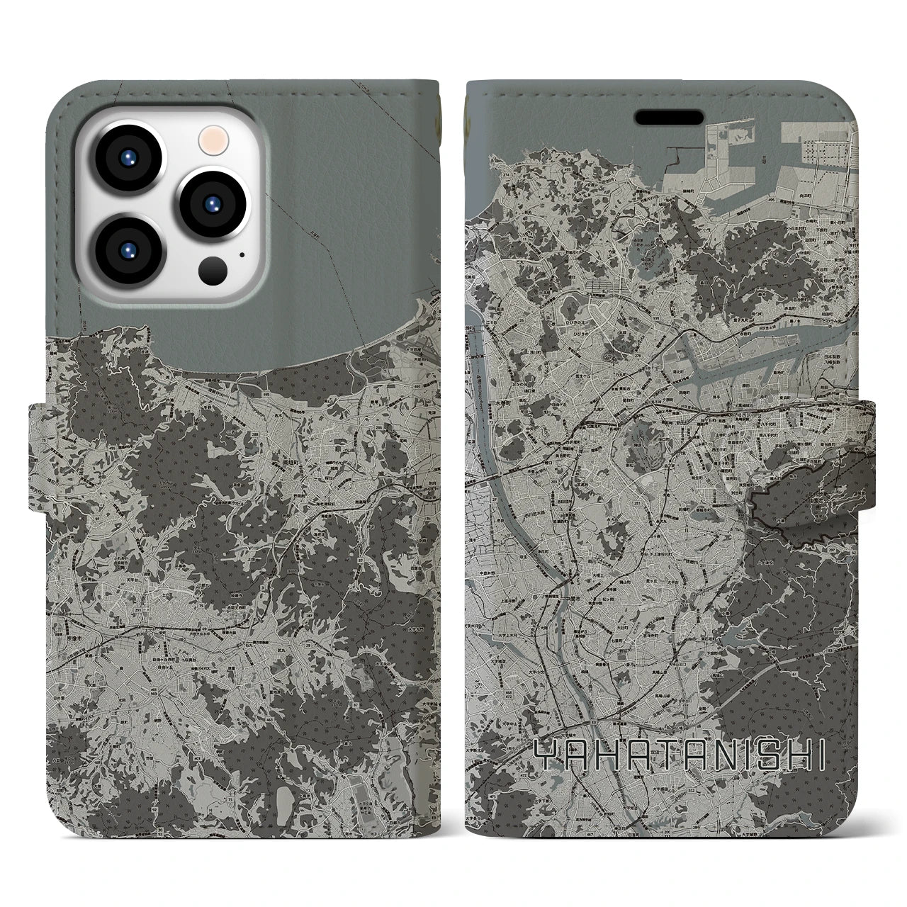 【八幡西(福岡県)】地図柄iPhoneケース(手帳タイプ)モノトーン・iPhone 13 Pro 用