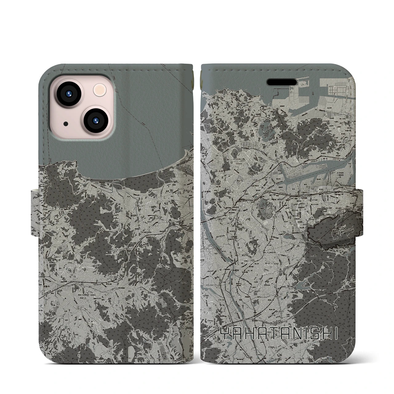 【八幡西(福岡県)】地図柄iPhoneケース(手帳タイプ)モノトーン・iPhone 13 mini 用