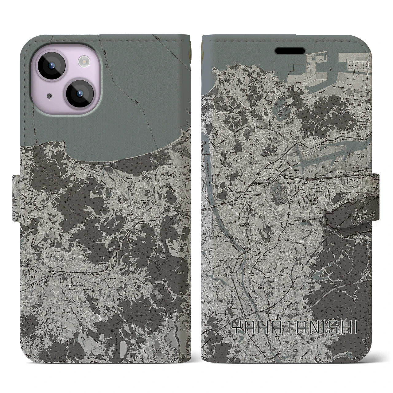 【八幡西(福岡県)】地図柄iPhoneケース(手帳タイプ)モノトーン・iPhone 14 用