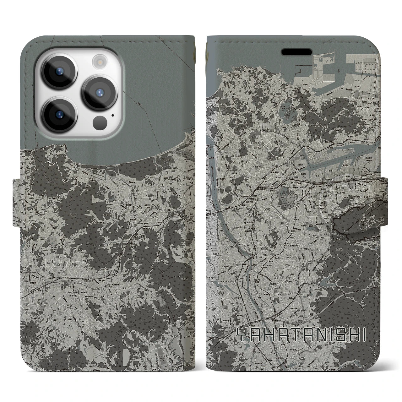 【八幡西(福岡県)】地図柄iPhoneケース(手帳タイプ)モノトーン・iPhone 14 Pro 用