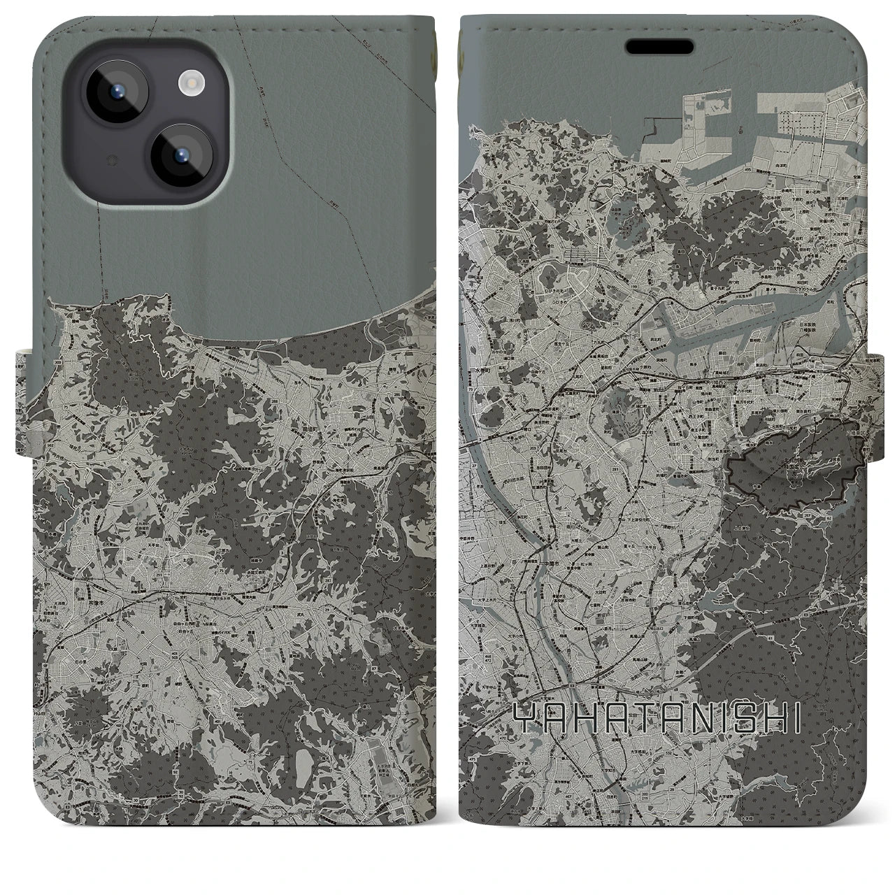 【八幡西(福岡県)】地図柄iPhoneケース(手帳タイプ)モノトーン・iPhone 14 Plus 用