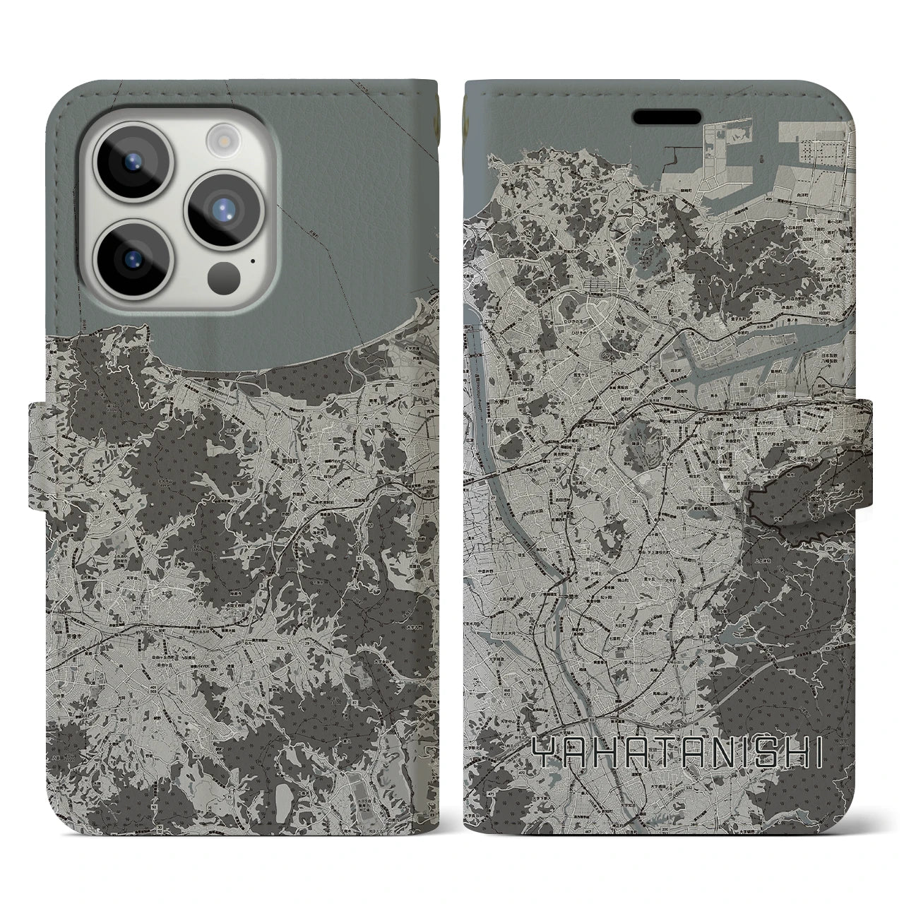 【八幡西(福岡県)】地図柄iPhoneケース(手帳タイプ)モノトーン・iPhone 15 Pro 用