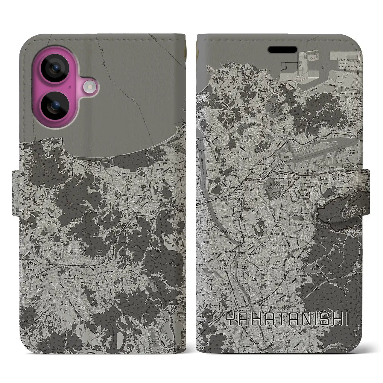 【八幡西(福岡県)】地図柄iPhoneケース(手帳タイプ)モノトーン・iPhone 16 Pro 用
