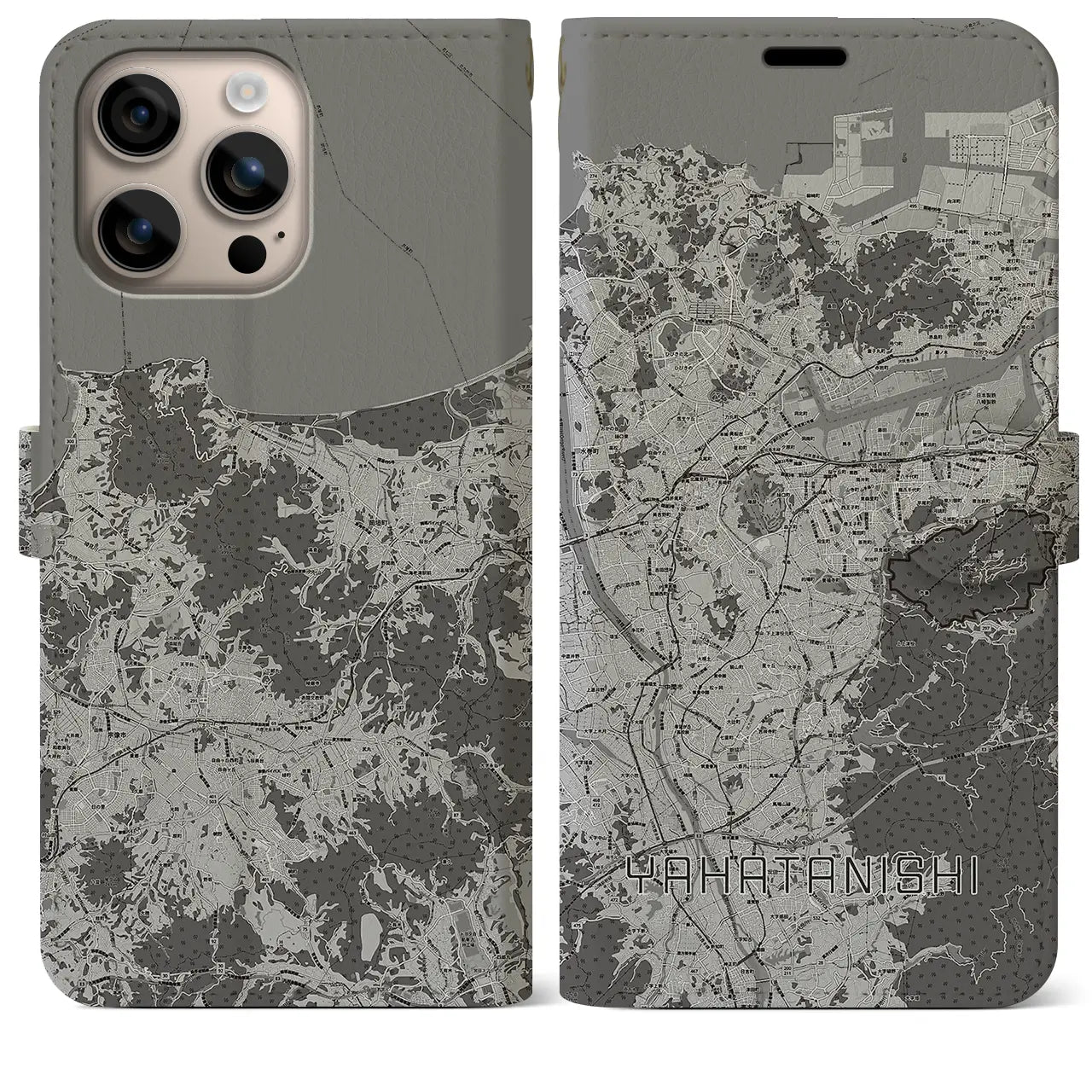 【八幡西(福岡県)】地図柄iPhoneケース(手帳タイプ)モノトーン・iPhone 16 Plus 用