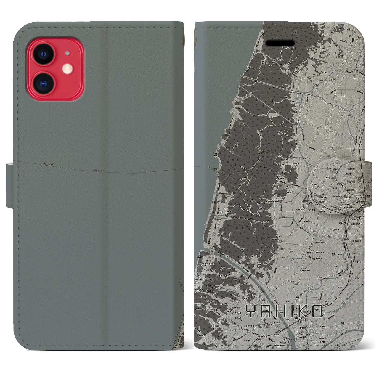 【弥彦(新潟県)】地図柄iPhoneケース(手帳タイプ)モノトーン・iPhone 11 用