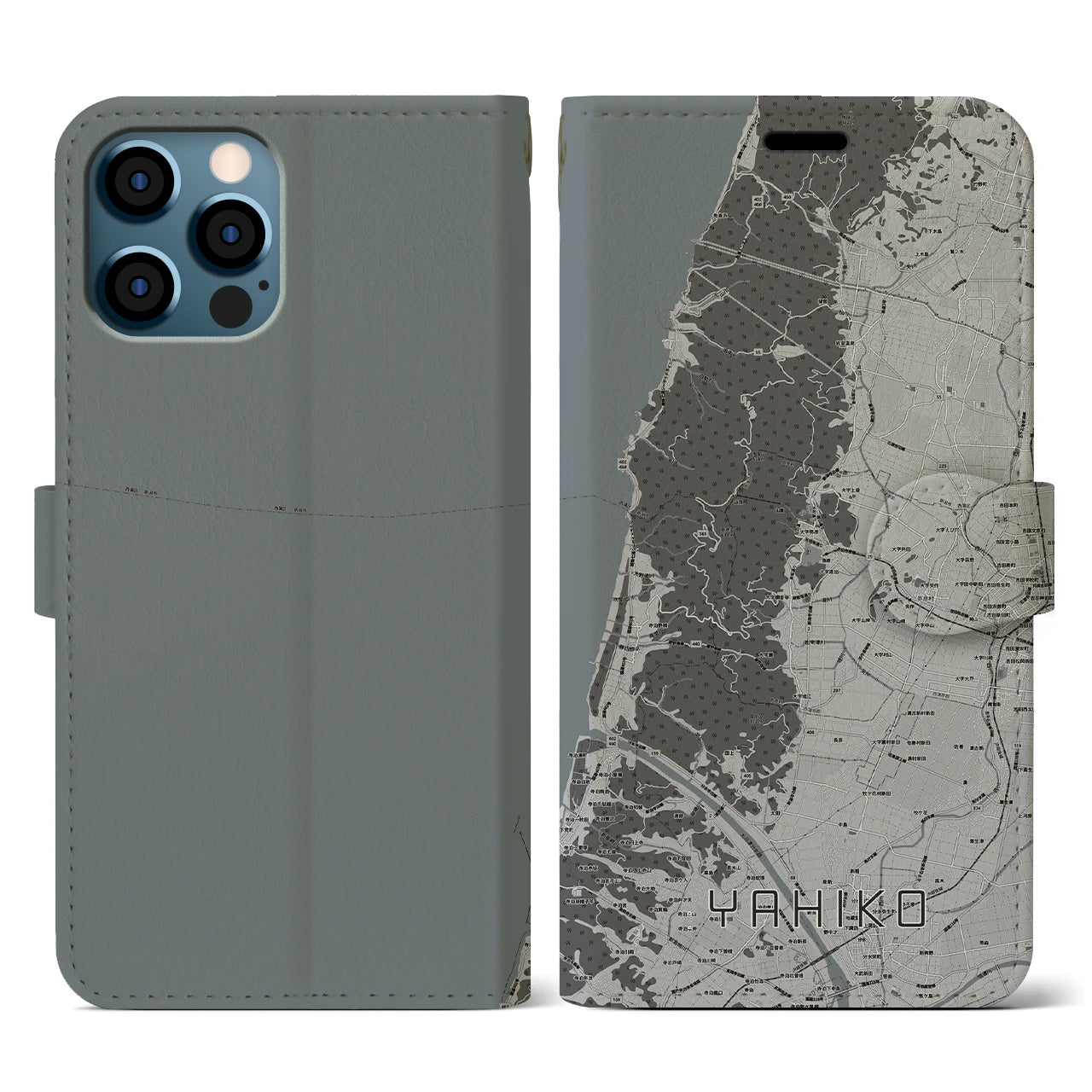 【弥彦(新潟県)】地図柄iPhoneケース(手帳タイプ)モノトーン・iPhone 12 / 12 Pro 用