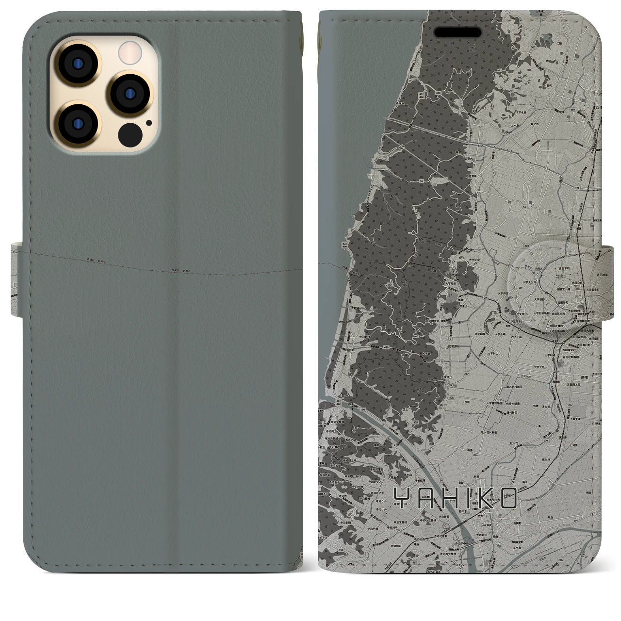 【弥彦(新潟県)】地図柄iPhoneケース(手帳タイプ)モノトーン・iPhone 12 Pro Max 用