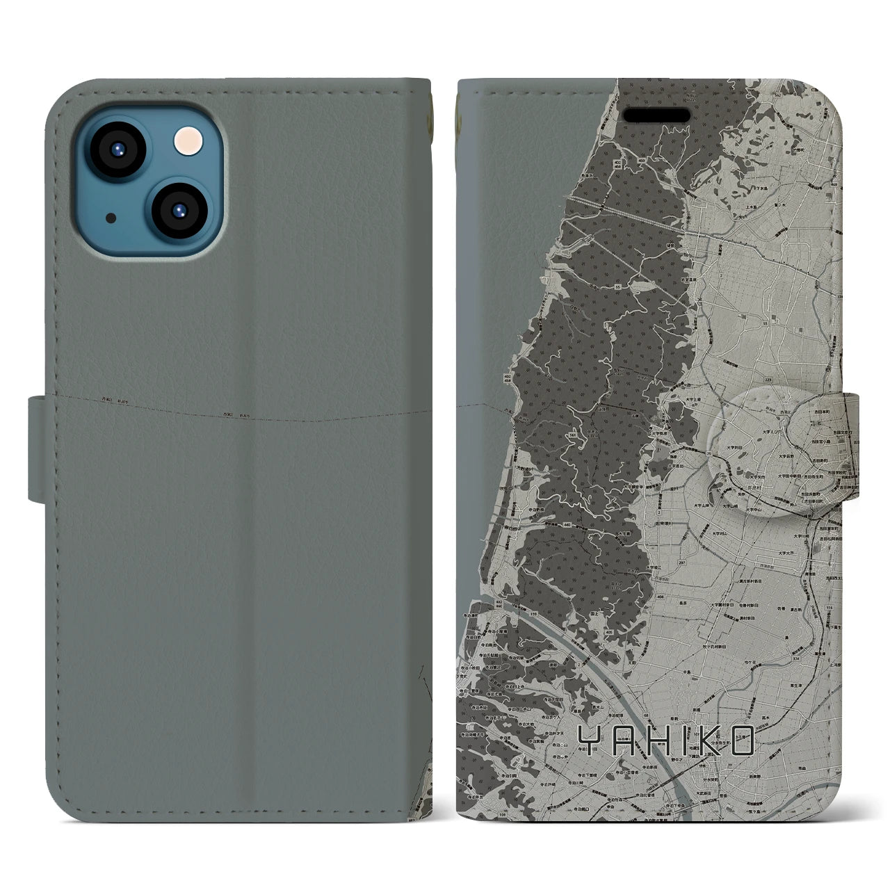 【弥彦(新潟県)】地図柄iPhoneケース(手帳タイプ)モノトーン・iPhone 13 用