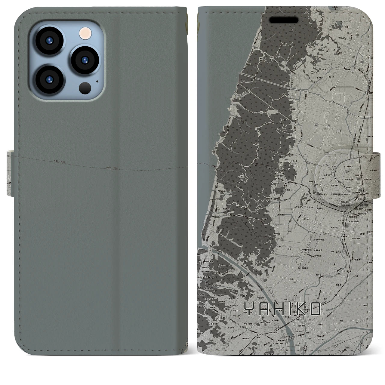【弥彦(新潟県)】地図柄iPhoneケース(手帳タイプ)モノトーン・iPhone 13 Pro Max 用