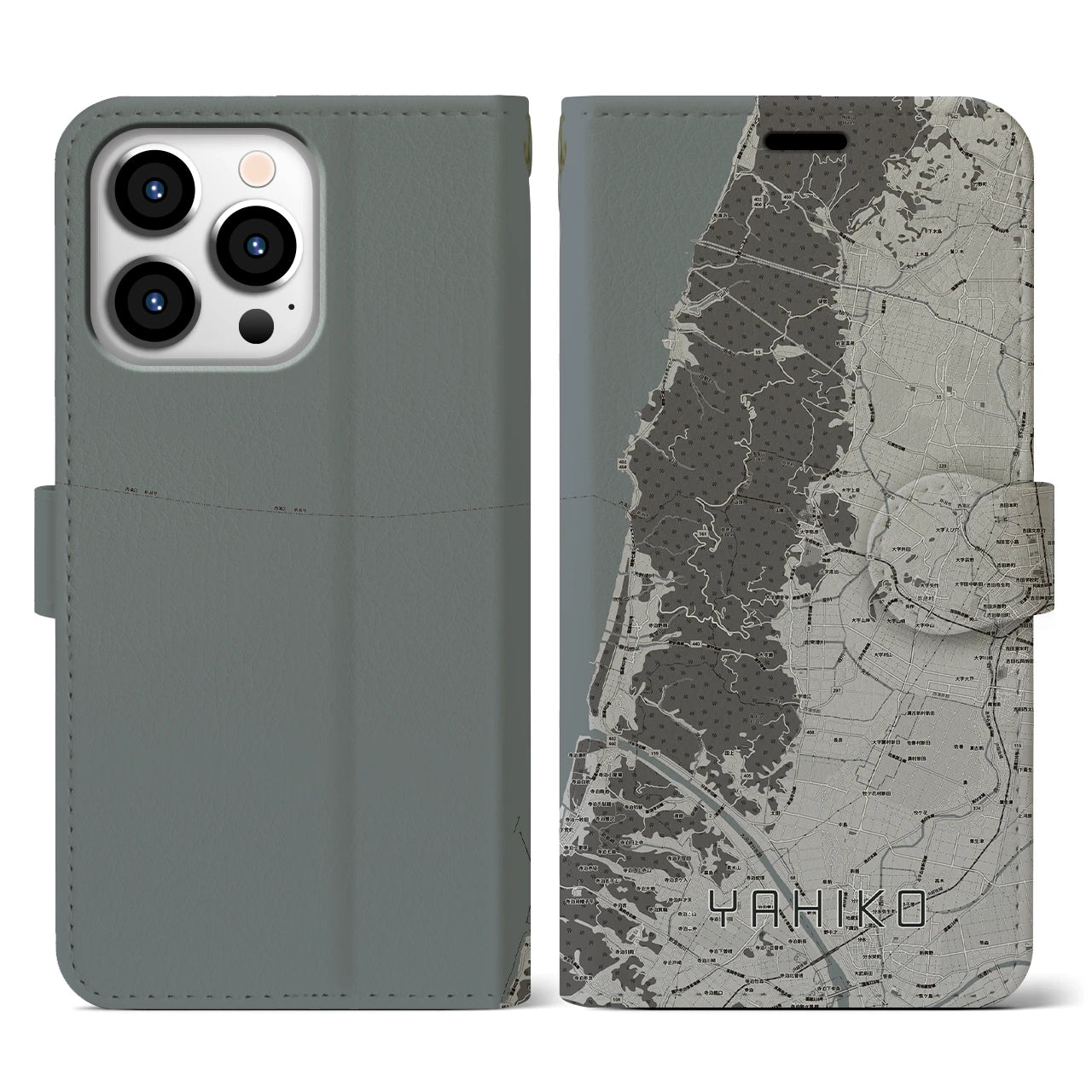 【弥彦(新潟県)】地図柄iPhoneケース(手帳タイプ)モノトーン・iPhone 13 Pro 用