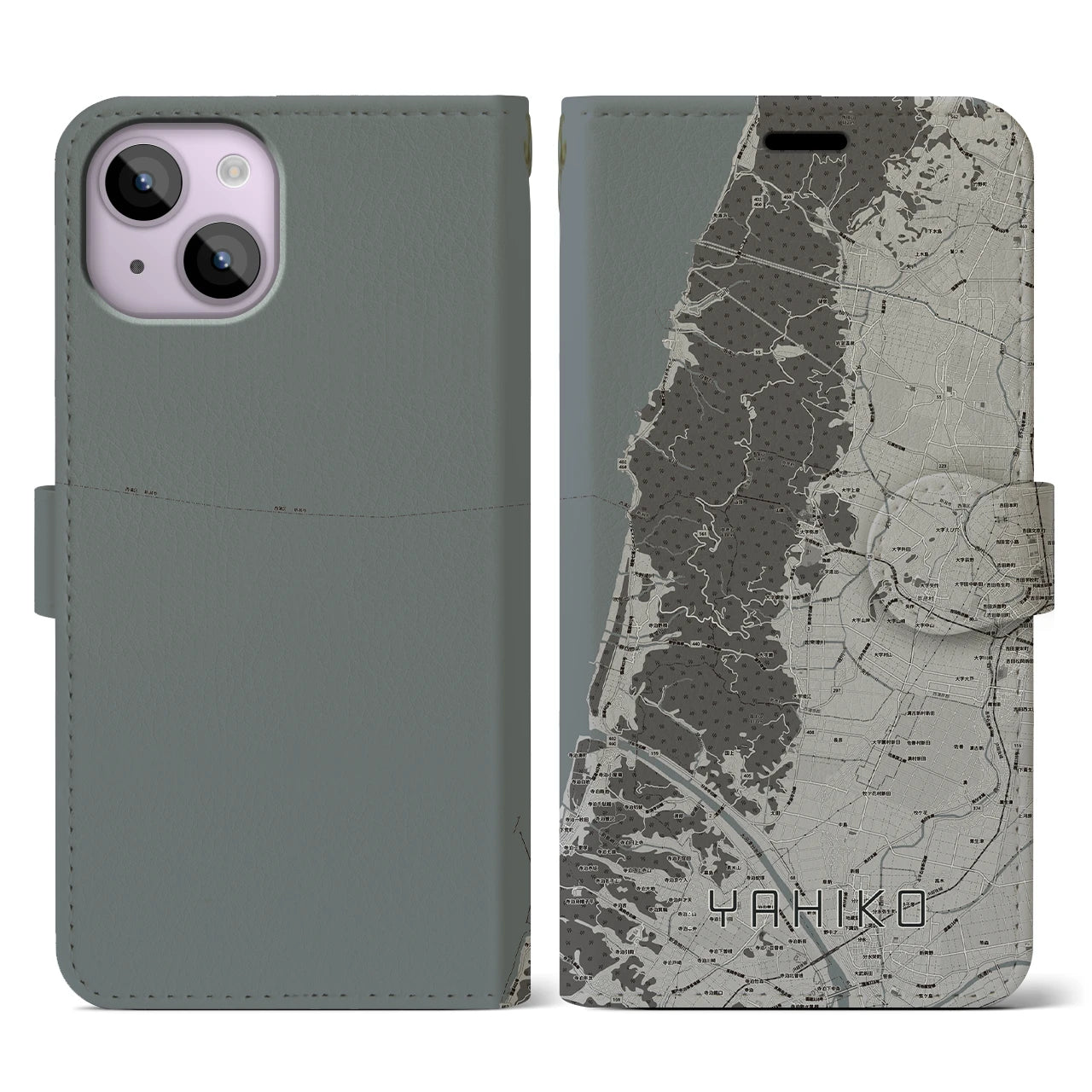 【弥彦(新潟県)】地図柄iPhoneケース(手帳タイプ)モノトーン・iPhone 14 用