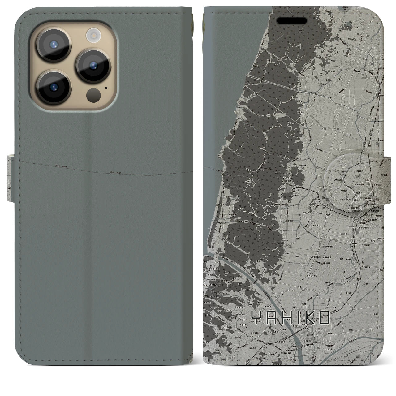 【弥彦(新潟県)】地図柄iPhoneケース(手帳タイプ)モノトーン・iPhone 14 Pro Max 用