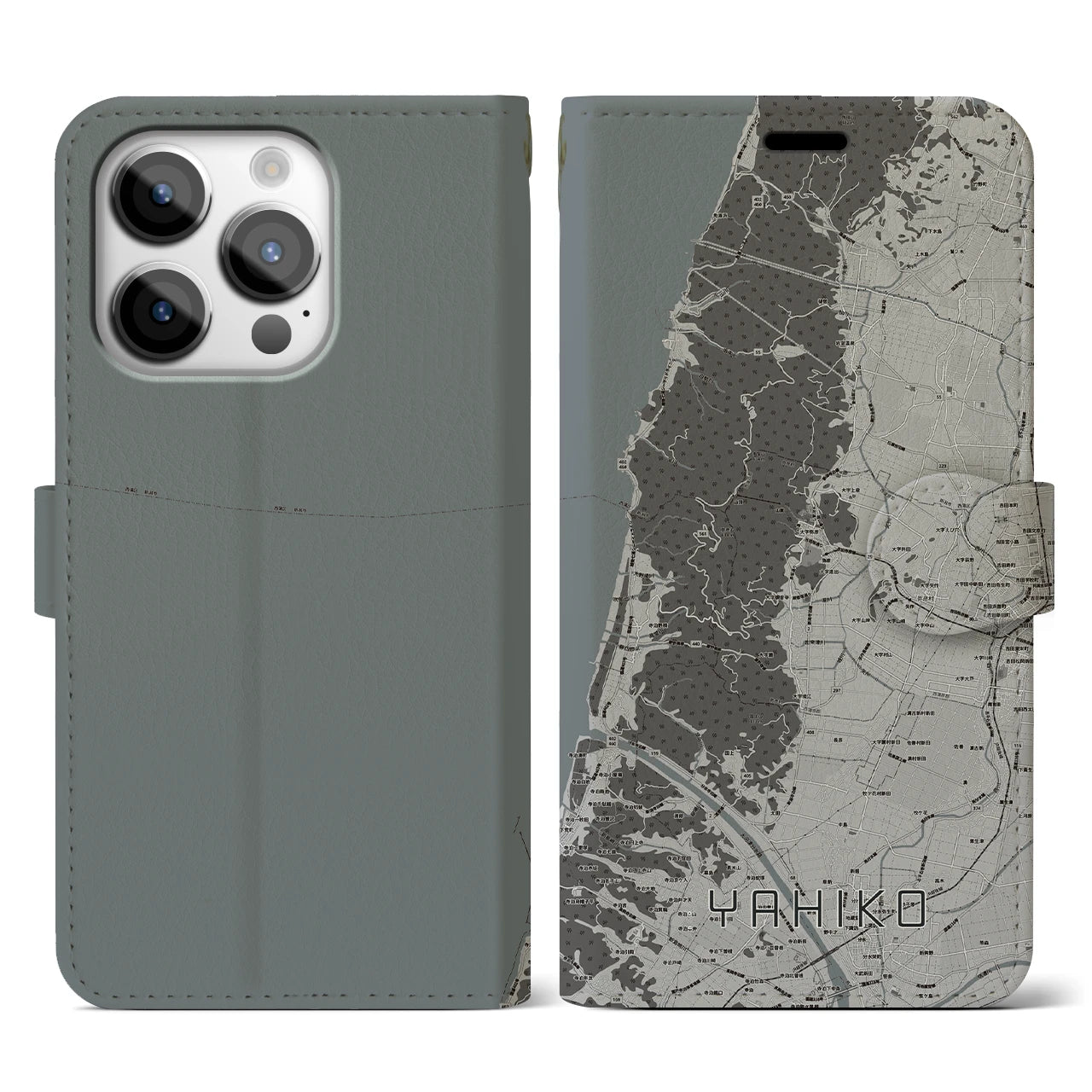 【弥彦(新潟県)】地図柄iPhoneケース(手帳タイプ)モノトーン・iPhone 14 Pro 用